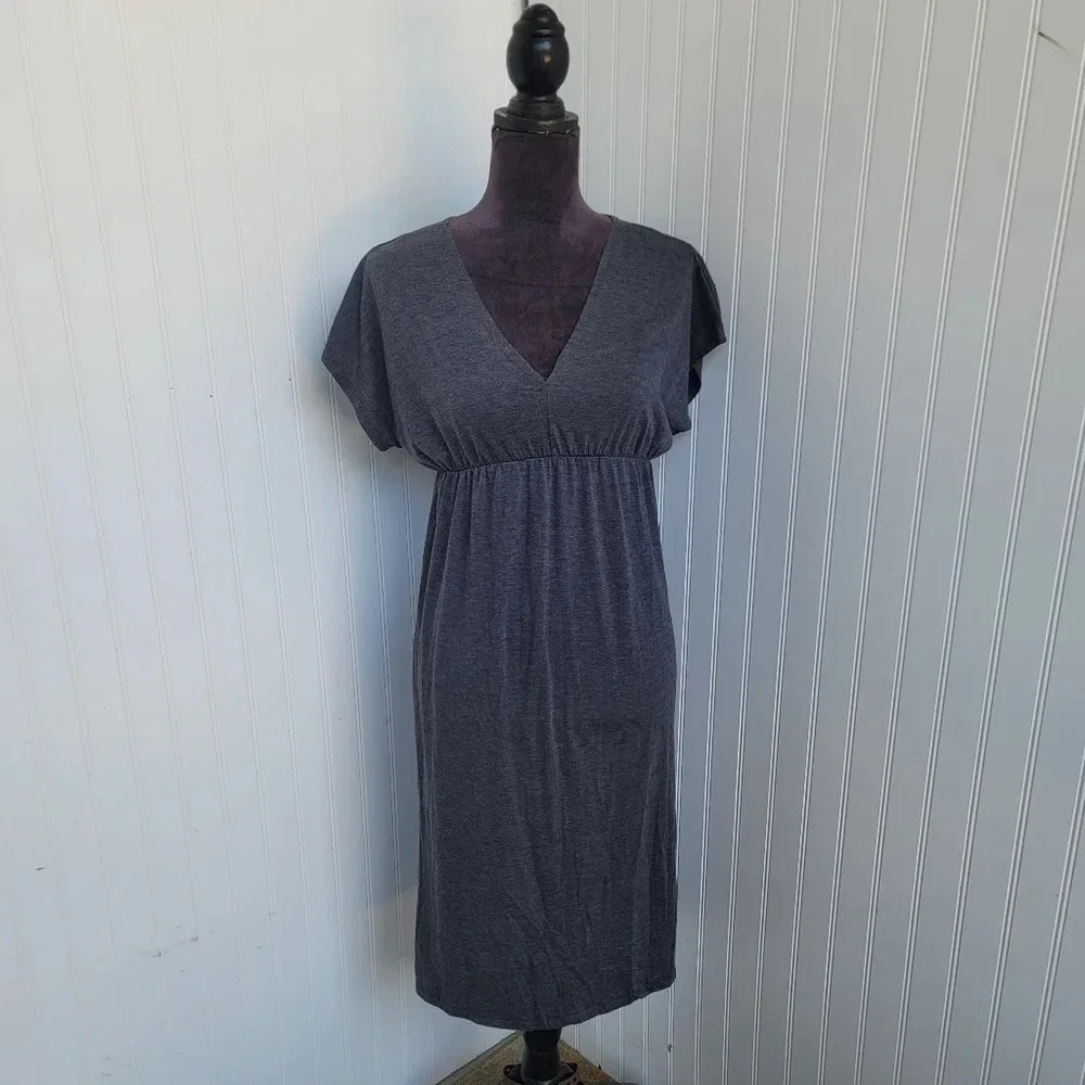 Espresso Jersey Knit Charcoal Gray Dress Stretch Elastic Waist Short Sleeve Sz S